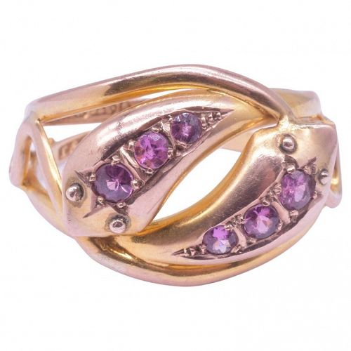 Hallmarked 1911 Chester 9K Double Snake Ring with 6 Pink Sapphire Gems
