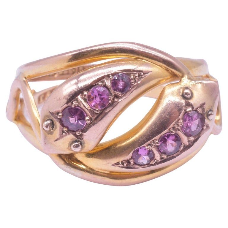 Hallmarked 1911 Chester 9K Double Snake Ring with 6 Pink Sapphire Gems