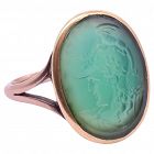 C1860 Green Agate Signet Ring of Spartan warrior in profile sz 7 3/4