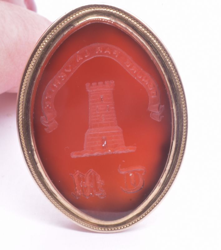 C1810 18K Regency Carnelian Intaglio Fob Seal w Mason Family Crest