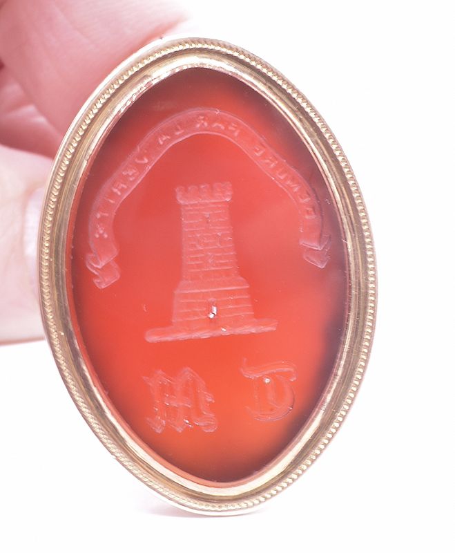 C1810 18K Regency Carnelian Intaglio Fob Seal w Mason Family Crest