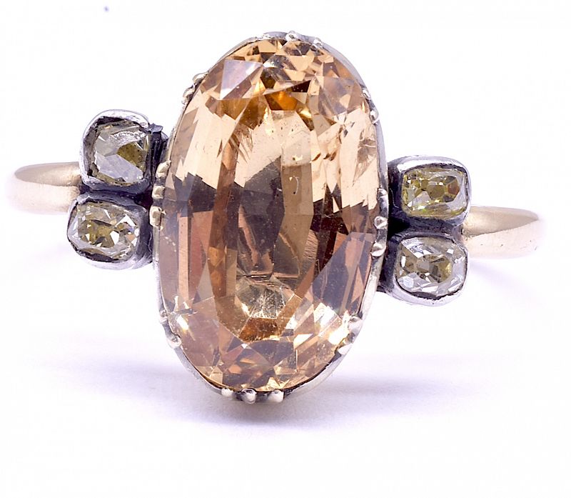 Georgian Topaz Solitaire Ring flanked by Diamonds