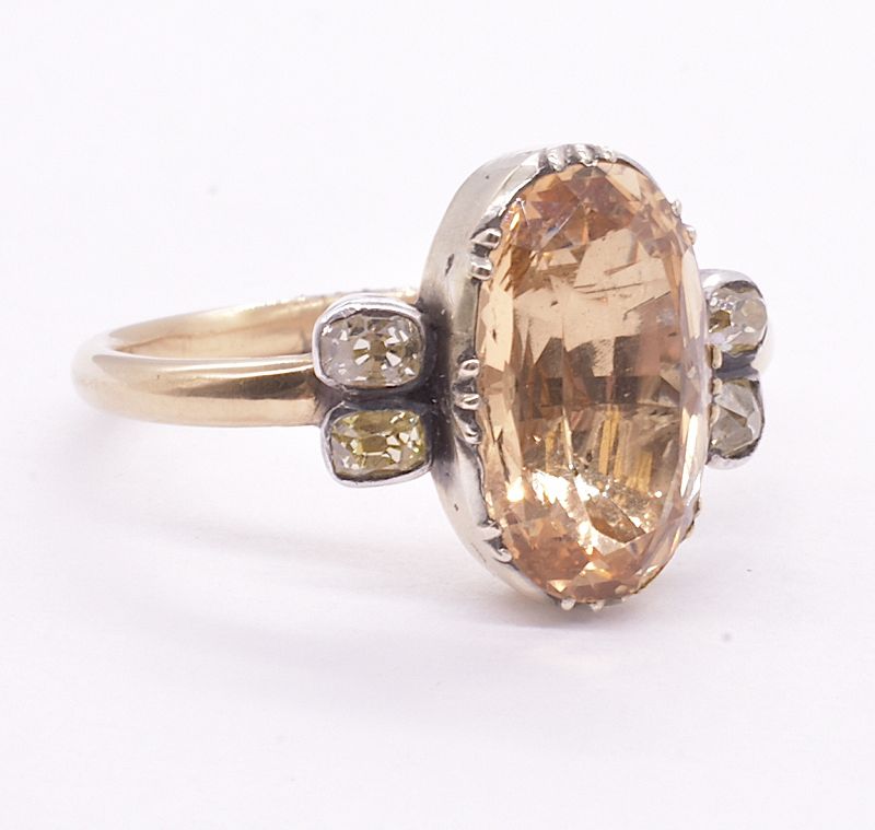 Georgian Topaz Solitaire Ring flanked by Diamonds