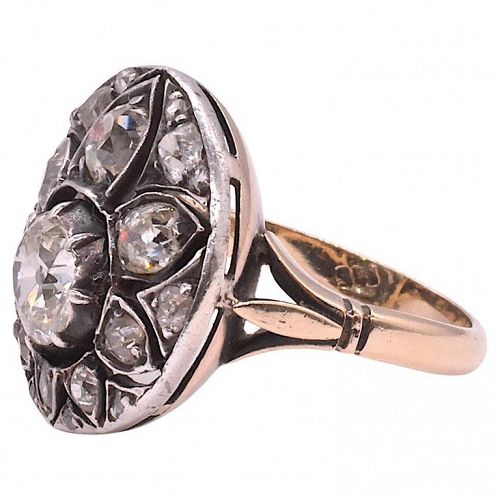 C1850 14K French Diamond Cluster Ring in the Shape of a Flower Spray