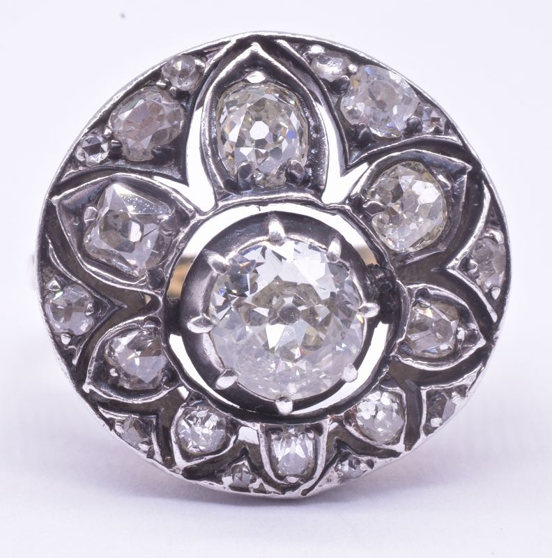C1850 14K Diamond Cluster Ring in the Shape of a Flower Spray