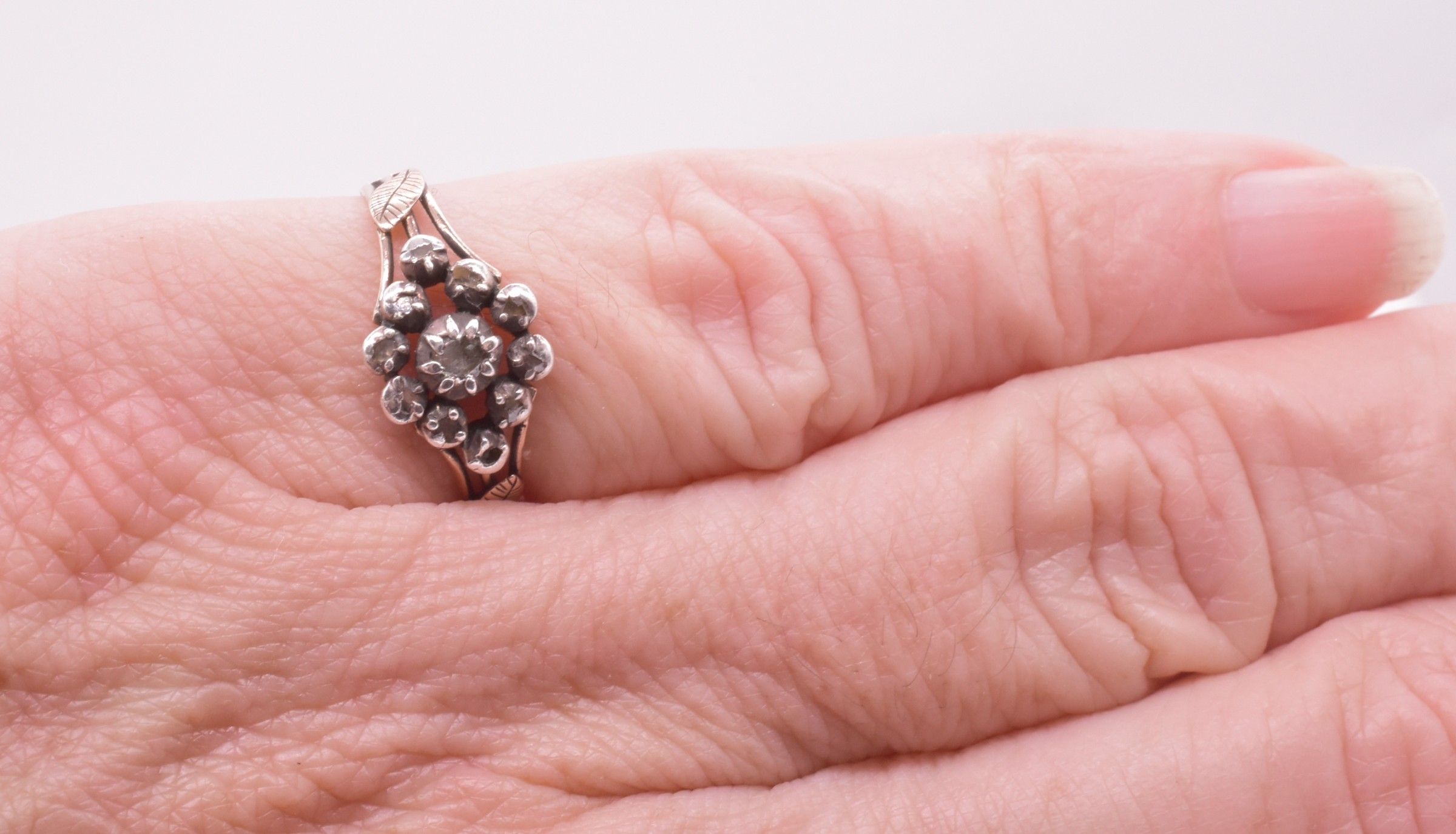 Early Victorian Diamond Cluster Ring w Decorative Leaves