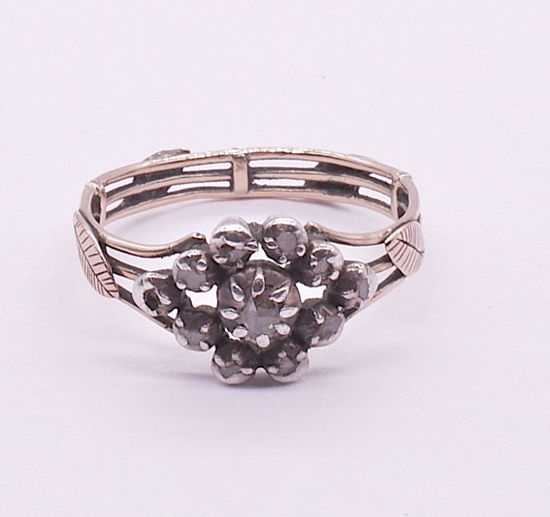 Early Victorian Diamond Cluster Ring w Decorative Leaves