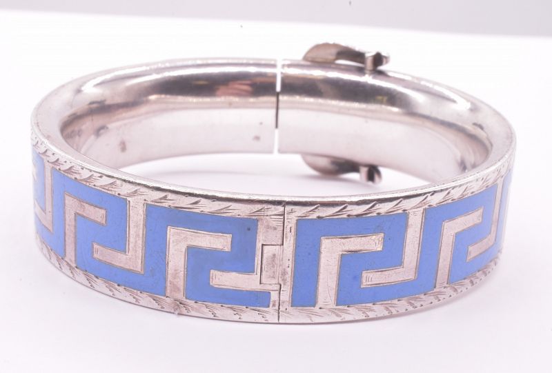 Victorian Silver Cuff Buckle Bracelet w Lavender Enamel Greek Key Desi