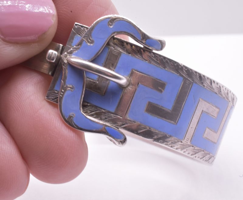 Victorian Silver Cuff Buckle Bracelet w Lavender Enamel Greek Key Desi