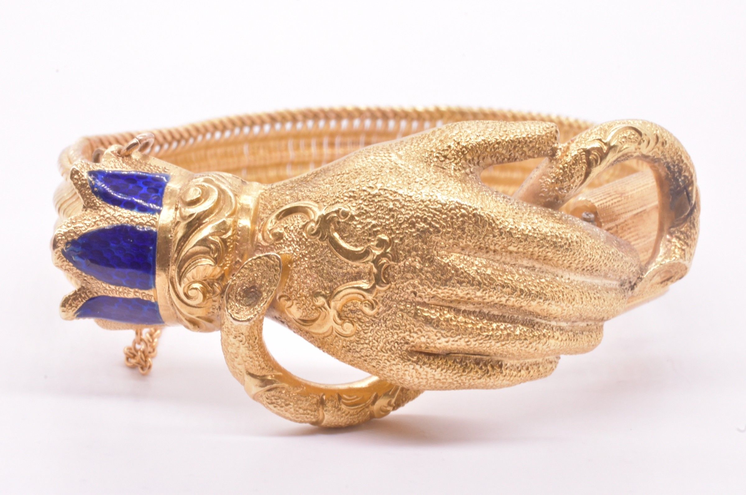 C1840 Antique 18k Figural Gloved Hand Bracelet W Guilloche Enamel Blue