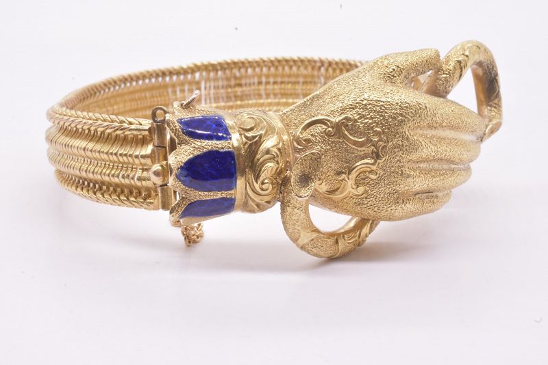 C1840 Antique 18k Figural Gloved Hand Bracelet W Guilloche Enamel Blue