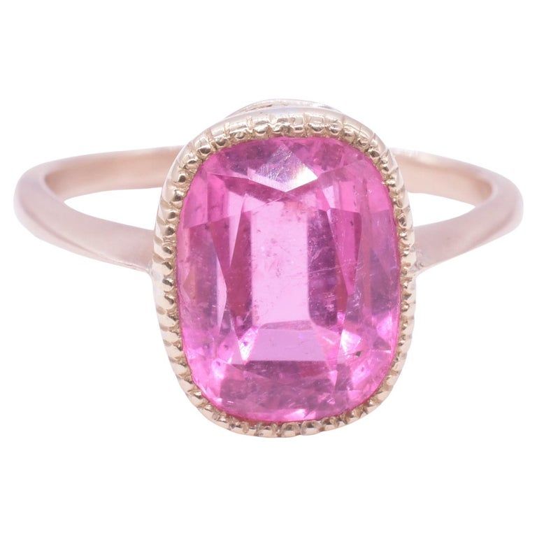 Antique 18K Pink Tourmaline Solitaire Ring with Crimped Border