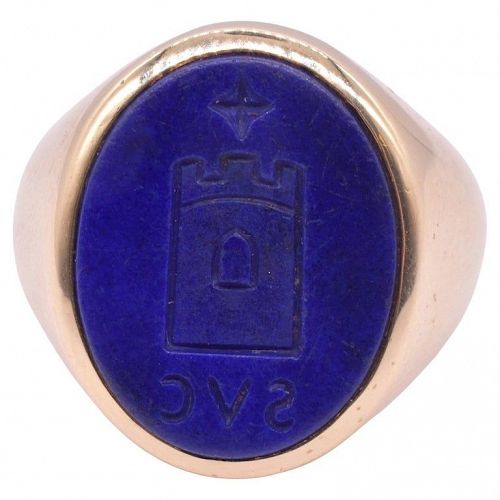 Contemporary Lapis Signet Ring engraved Van Vater (From Father) sz 5