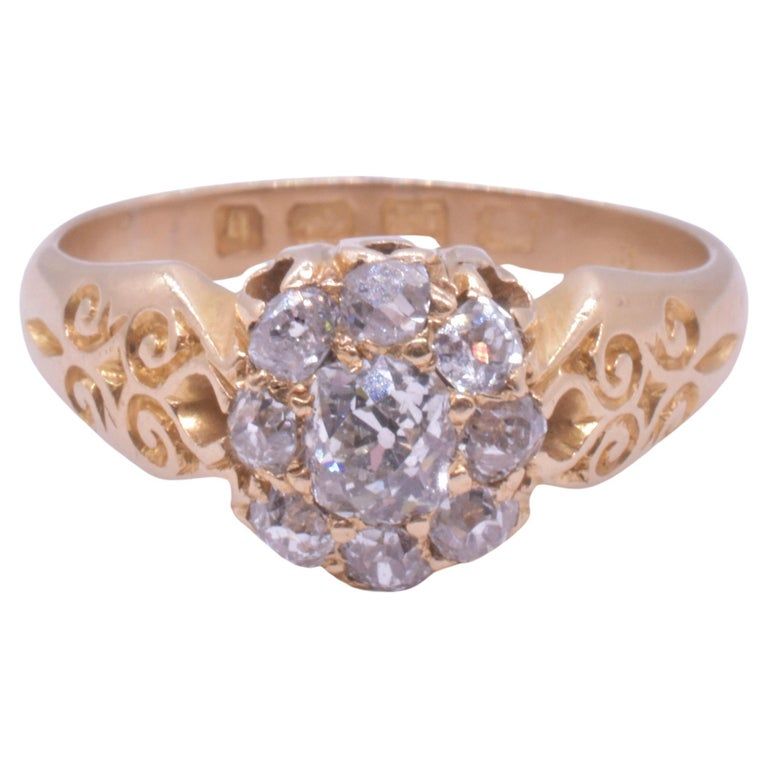 Hallmarked 1892 Victorian Diamond Cluster Ring with Engraved Shoulders