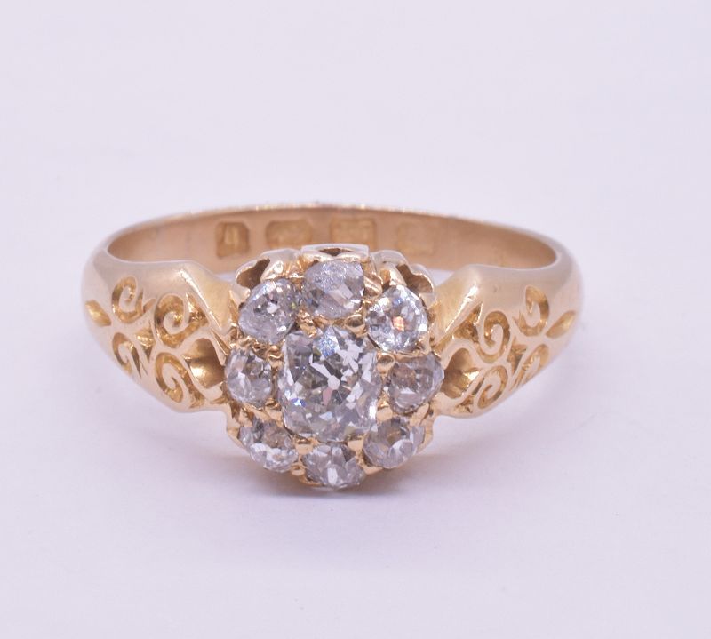 Hallmarked 1892 Victorian Diamond Cluster Ring with Engraved Shoulders