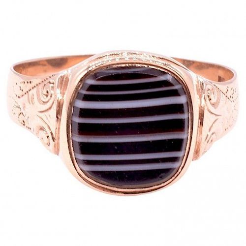 Victorian 12K Signet Ring of Banded Agate size 11 US