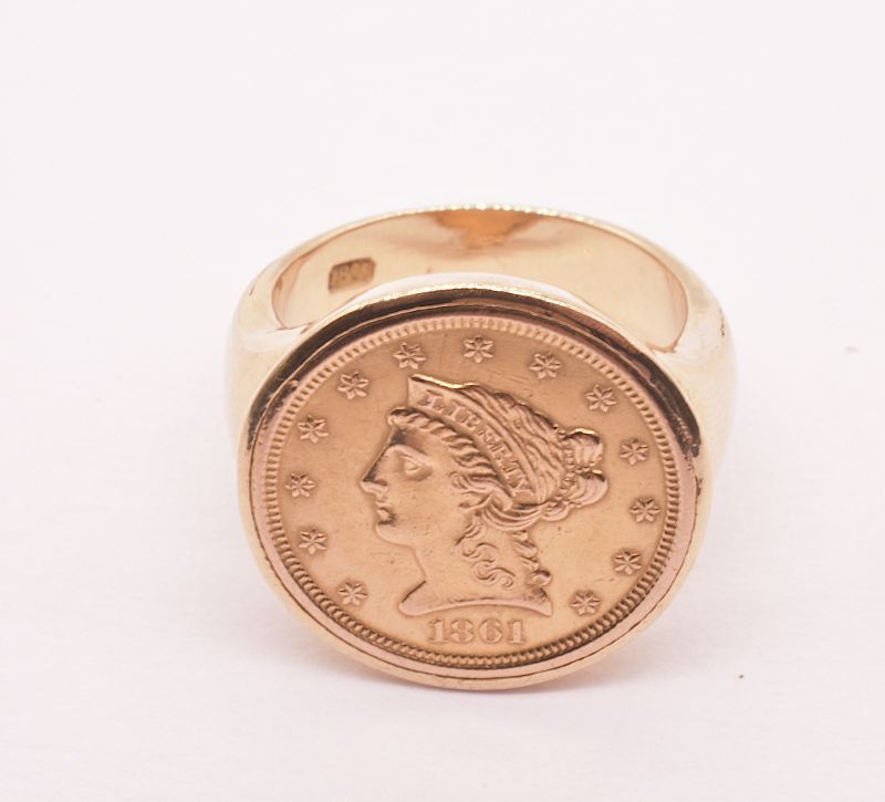 Antique 18K, 1861 American Liberty $2.50 Coin Signet Ring