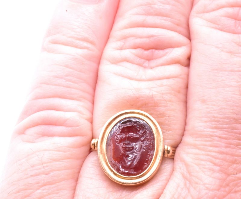 C1790 Glass and Carnelian Tassie Intaglio Ring of Laughing Satyr