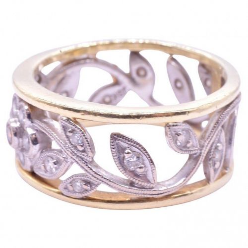 C1930 Gold and Platinum Flower Band Ring w Diamond Accents