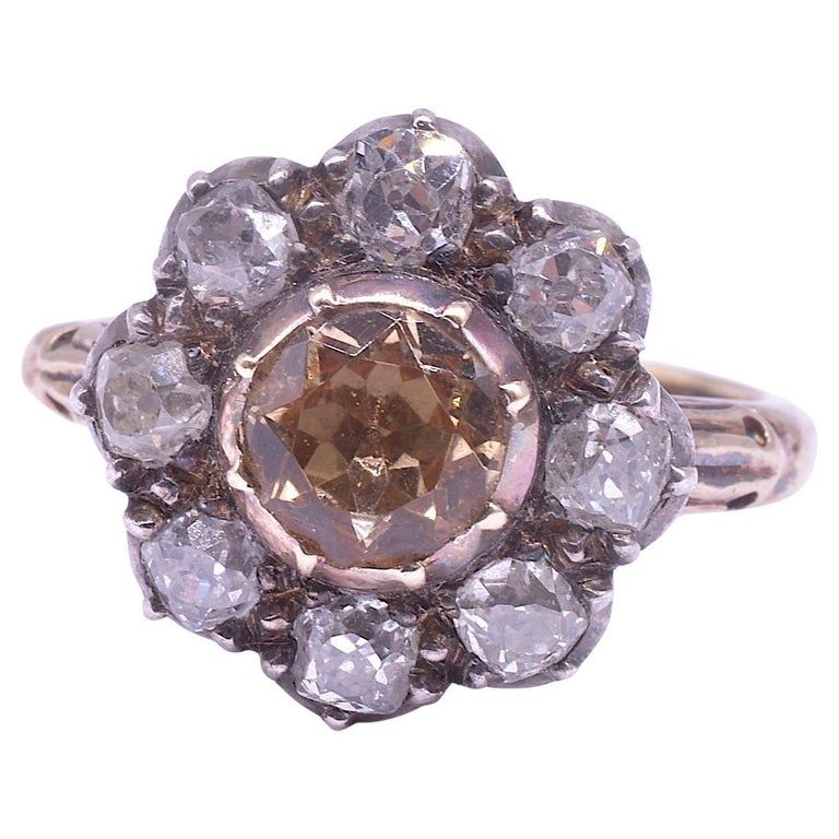 Georgian 18K Topaz and Diamond Flower Cluster Ring