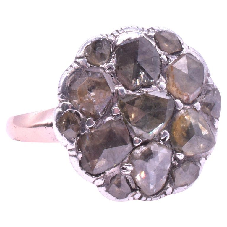 Georgian 15K Cabochon Diamond Round Cluster Ring