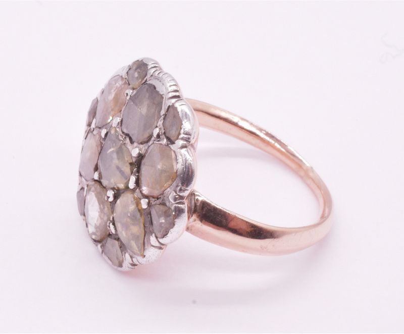 Georgian 15K Cabochon Diamond Round Cluster Ring