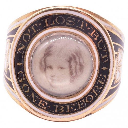 Neoclassical Enamel Memorial Ring w/ Miniature Portrait of a Young Gir