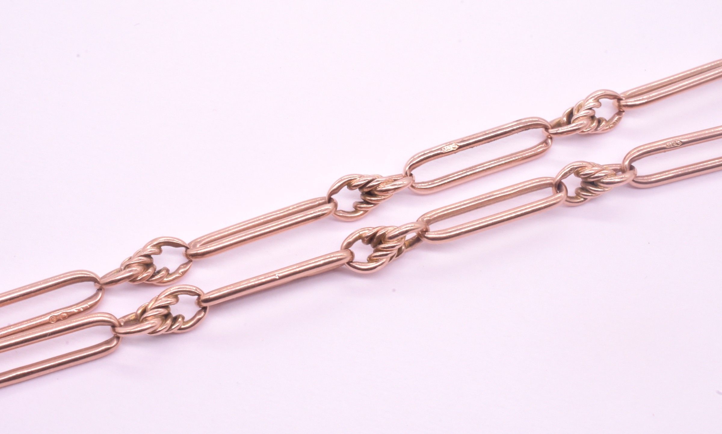 Victorian 9 karat Fetter Link and Love Knot Albert Chain, 16.5 inches
