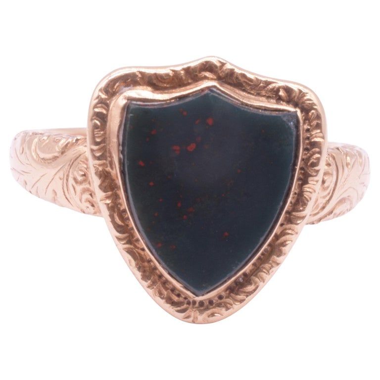 C1935 14K Bloodstone Signet Ring with Two Engrailed Top Escutcheon (SH