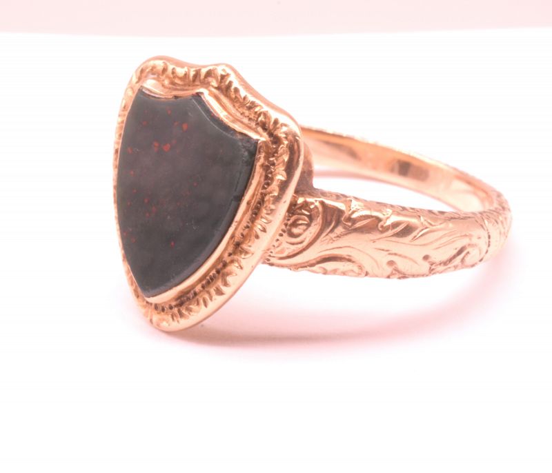 C1935 14K Bloodstone Signet Ring with Two Engrailed Top Escutcheon (SH