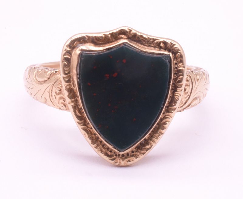 C1935 14K Bloodstone Signet Ring with Two Engrailed Top Escutcheon (SH