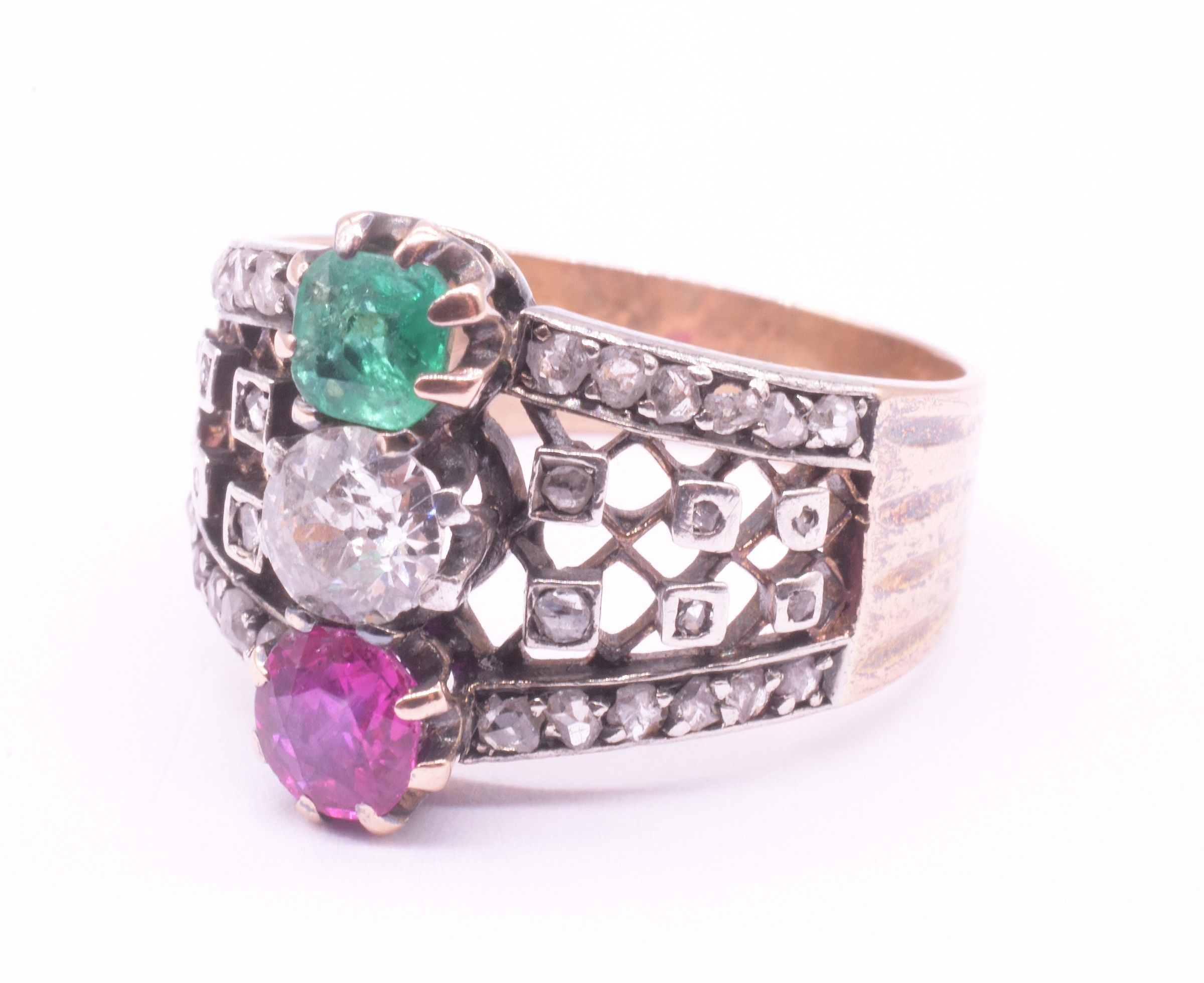 Belle Epoque Emerald, Ruby and Diamond Ring w Openwork Lattice Band