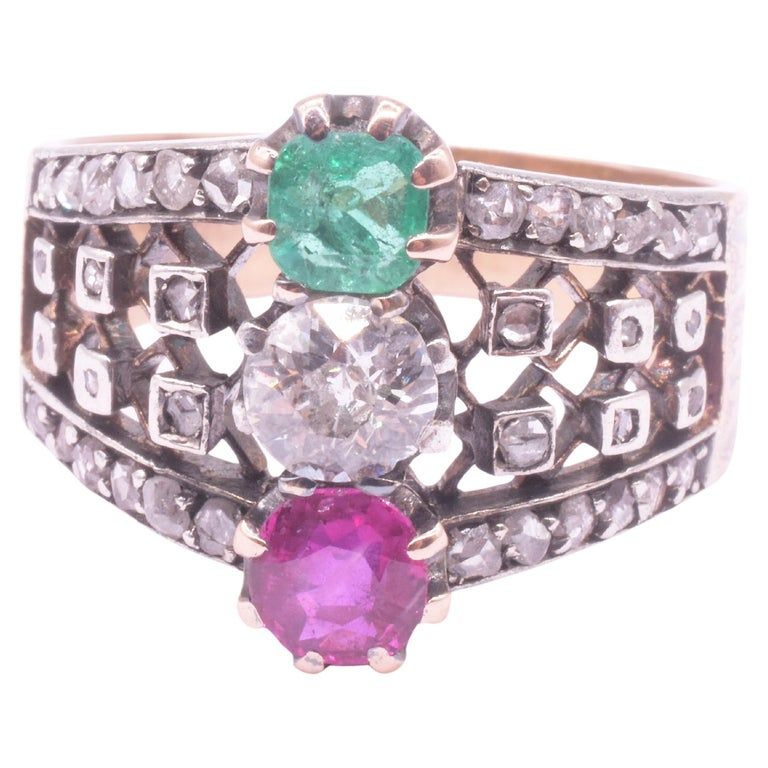 Belle Epoque Emerald, Ruby and Diamond Ring w Openwork Lattice Band