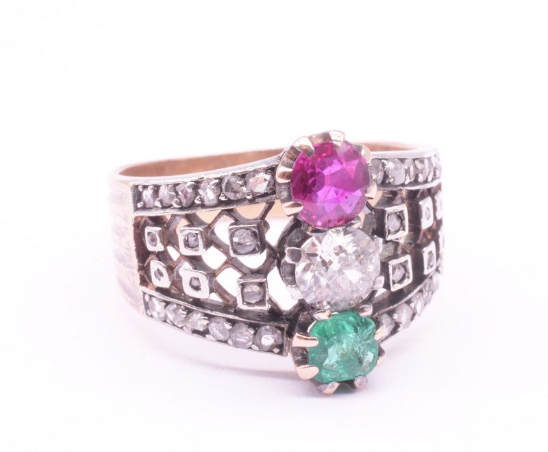 Belle Epoque Emerald, Ruby and Diamond Ring w Openwork Lattice Band