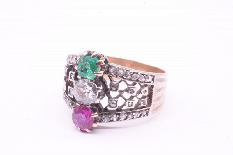 Belle Epoque Emerald, Ruby and Diamond Ring w Openwork Lattice Band