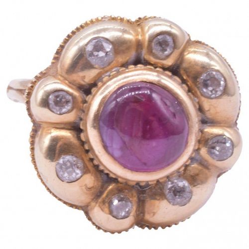 18 Carat Iberian Cluster ring with Diamonds and Cabochon Ruby