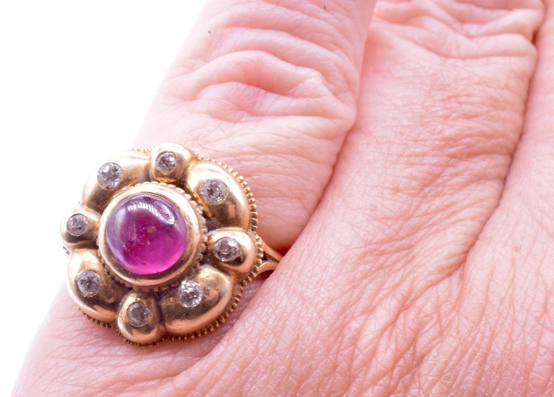 18 Carat Iberian Cluster ring with Diamonds and Cabochon Ruby