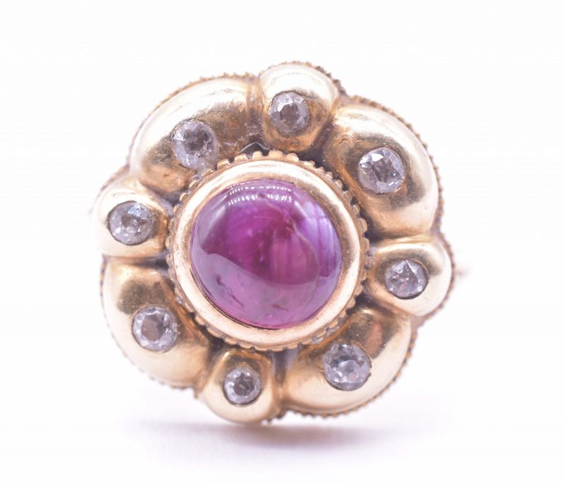 18 Carat Iberian Cluster ring with Diamonds and Cabochon Ruby