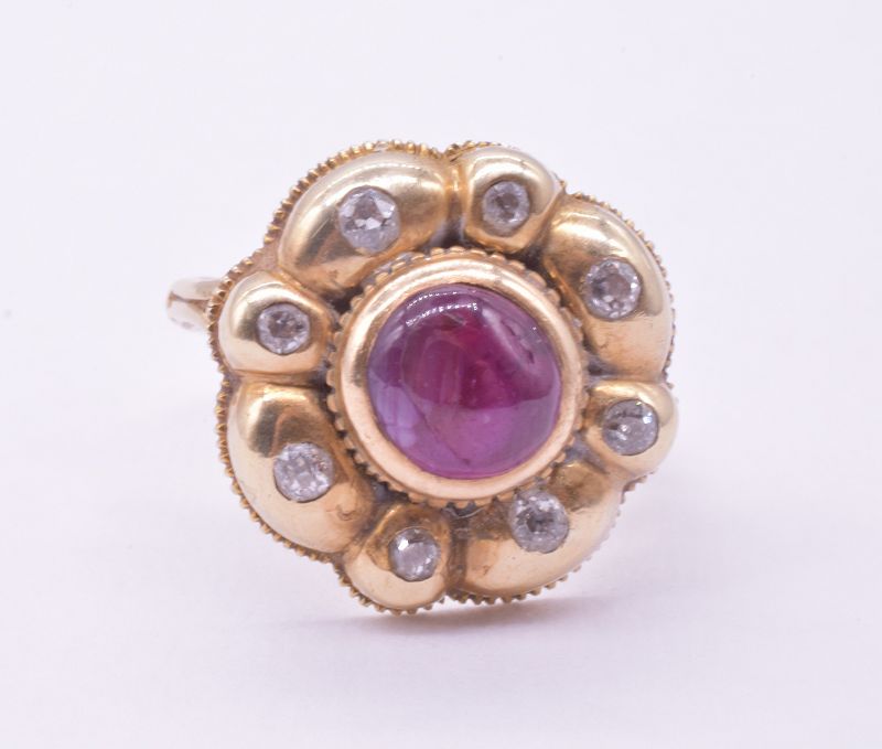 18 Carat Iberian Cluster ring with Diamonds and Cabochon Ruby