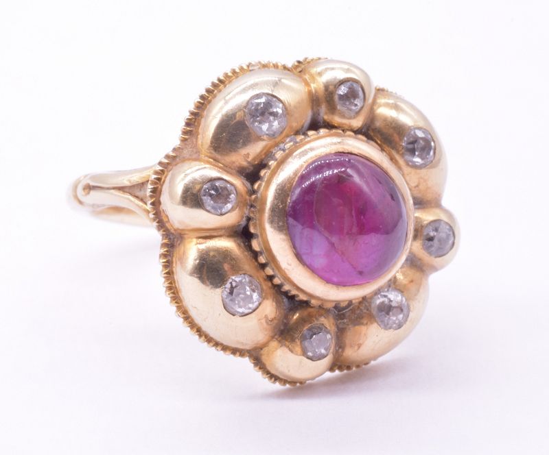 18 Carat Iberian Cluster ring with Diamonds and Cabochon Ruby