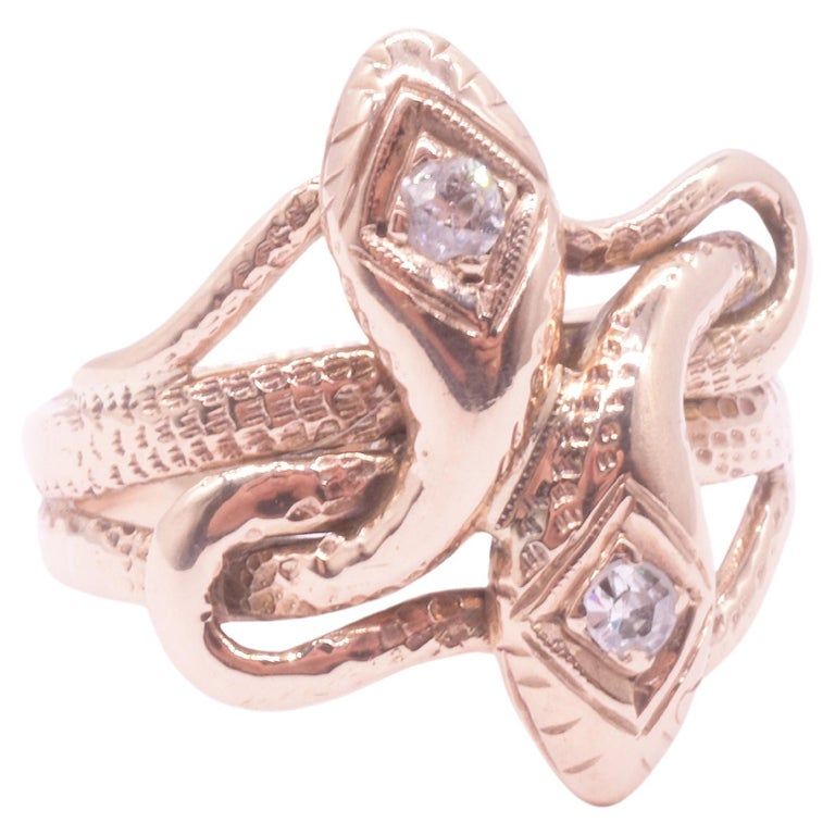 C1900 15K Intertwined Double Headed Snake Ring with Diamonds