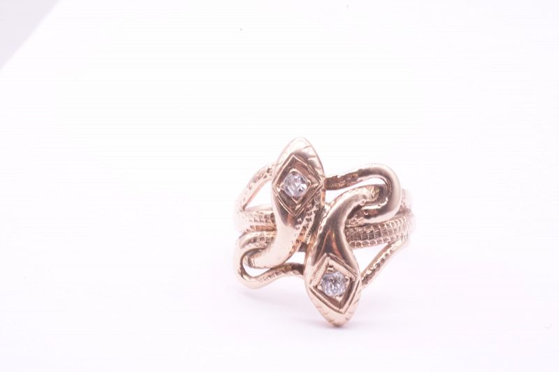 C1900 15K Intertwined Double Headed Snake Ring with Diamonds