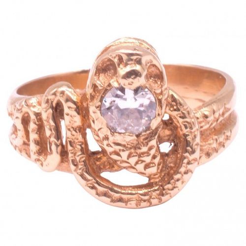 18K Antique Victorian Snake Ring with Diamond Head and Carved Detailin