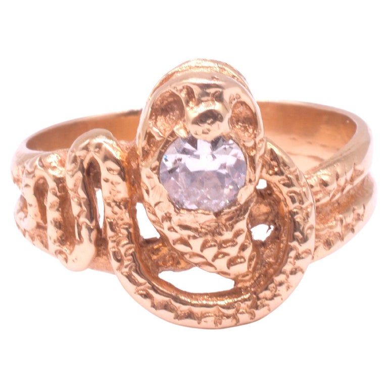 18K Antique Victorian Snake Ring with Diamond Head and Carved Detailin