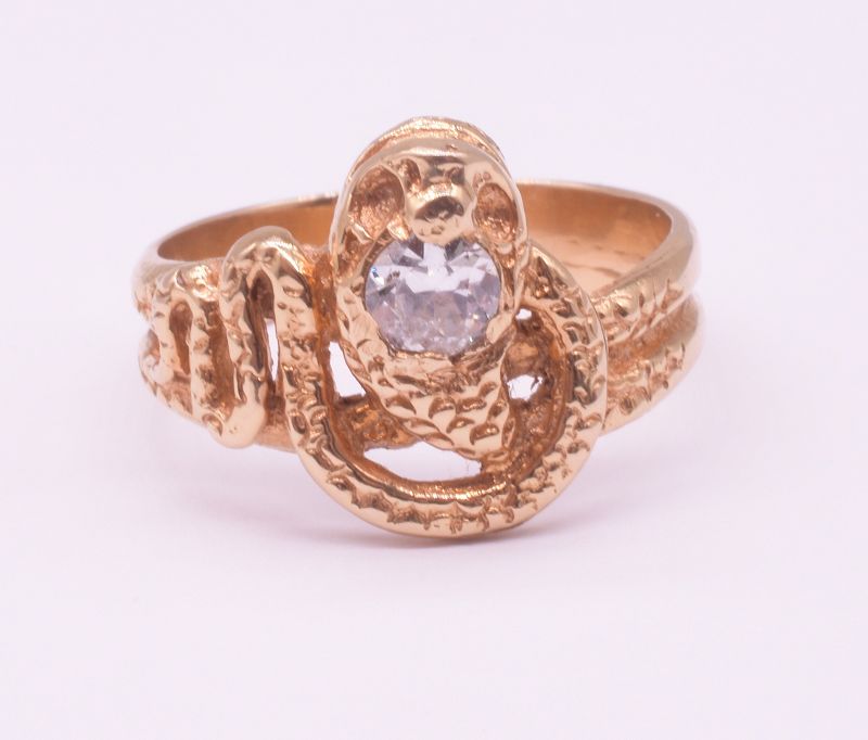 18K Antique Victorian Snake Ring with Diamond Head and Carved Detailin