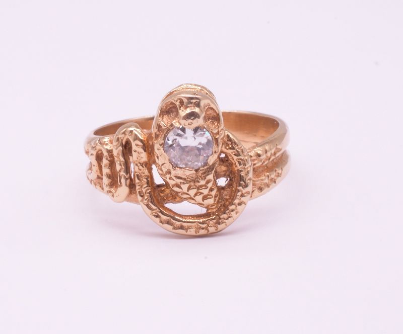 18K Antique Victorian Snake Ring with Diamond Head and Carved Detailin