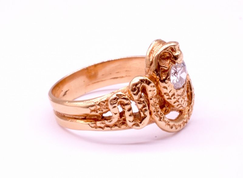 18K Antique Victorian Snake Ring with Diamond Head and Carved Detailin