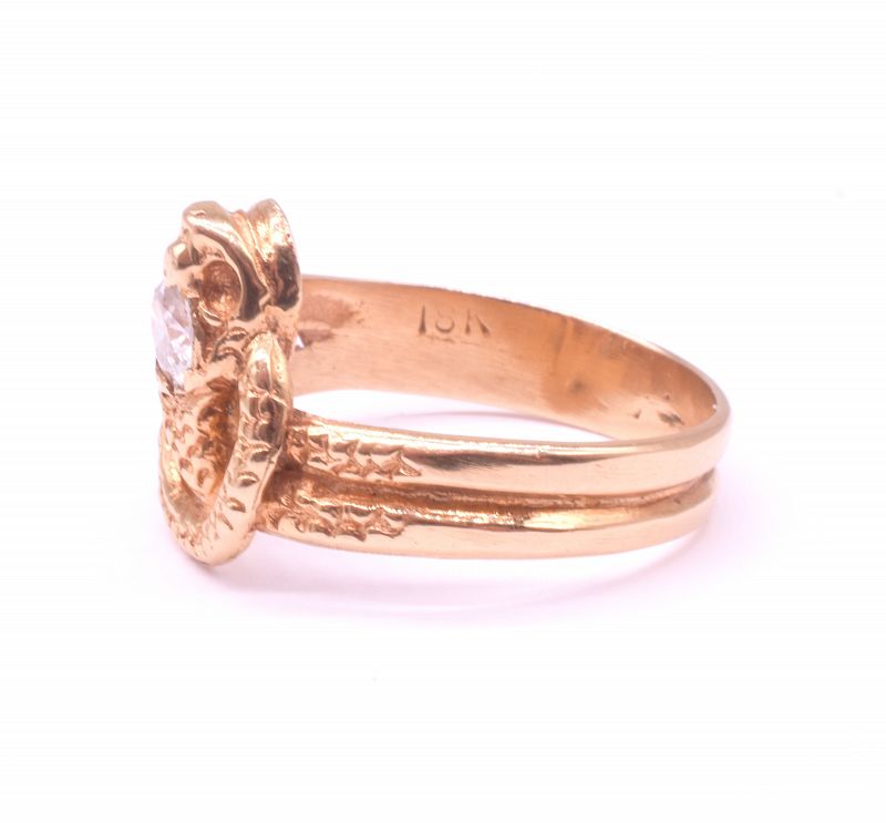 18K Antique Victorian Snake Ring with Diamond Head and Carved Detailin