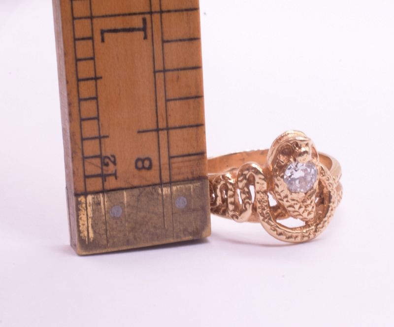 18K Antique Victorian Snake Ring with Diamond Head and Carved Detailin