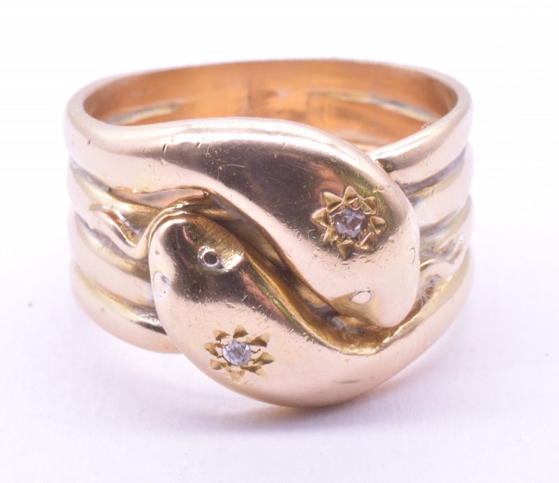 C.1880 18k Four Coiled Double Headed Snake Ring studded with Star Dia